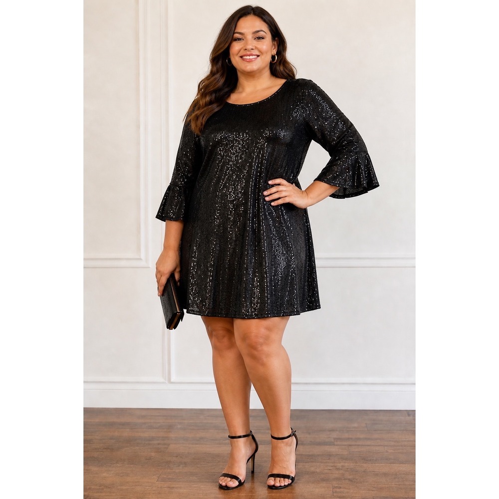MSK NWT Black Sequin Dress 1X Bell Sleeve Cocktail Party Holiday Sparkle Glam